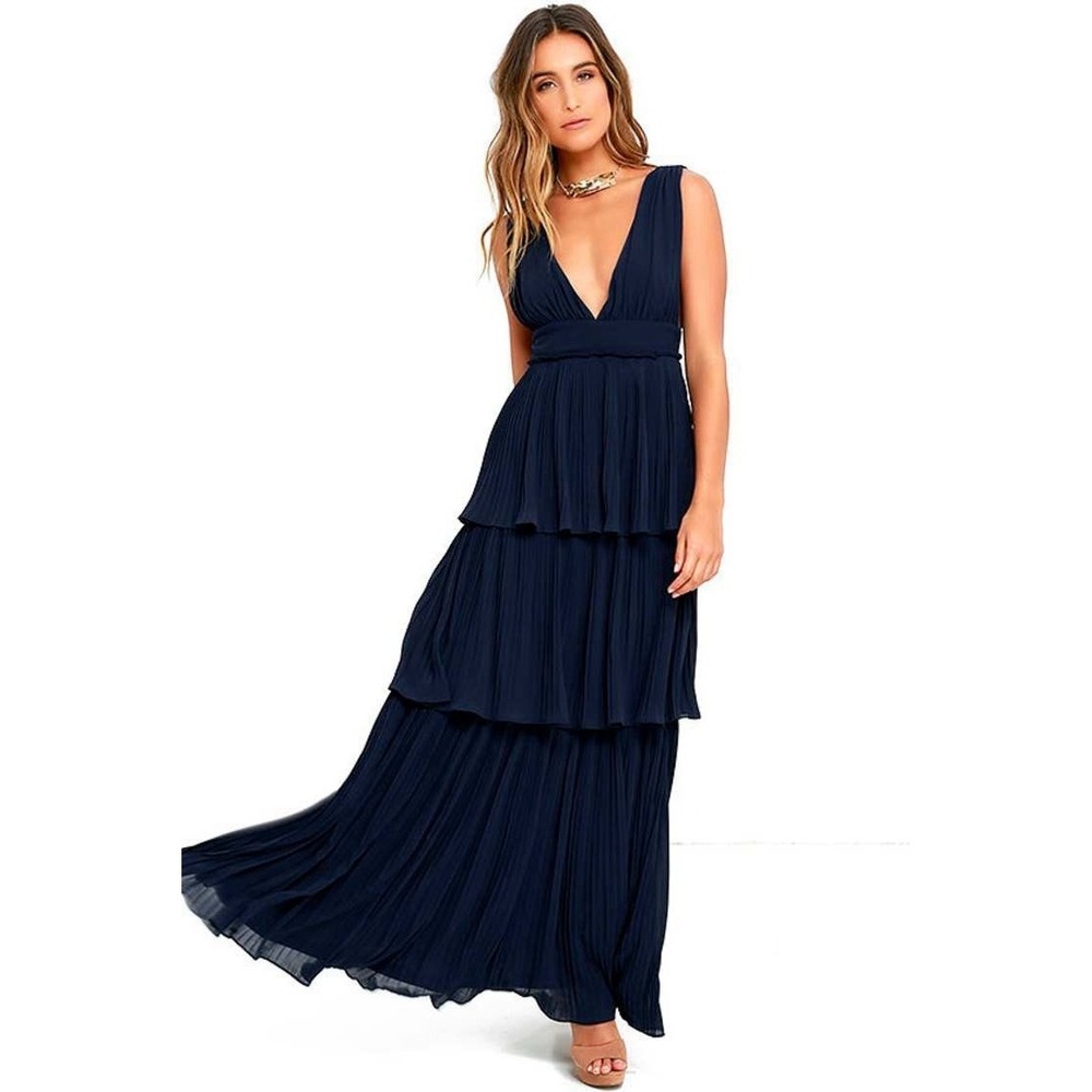 Lulus Gently Adrift Navy Maxi Dress S Pleated Tiered Blue Guest Elegant Gala NYE